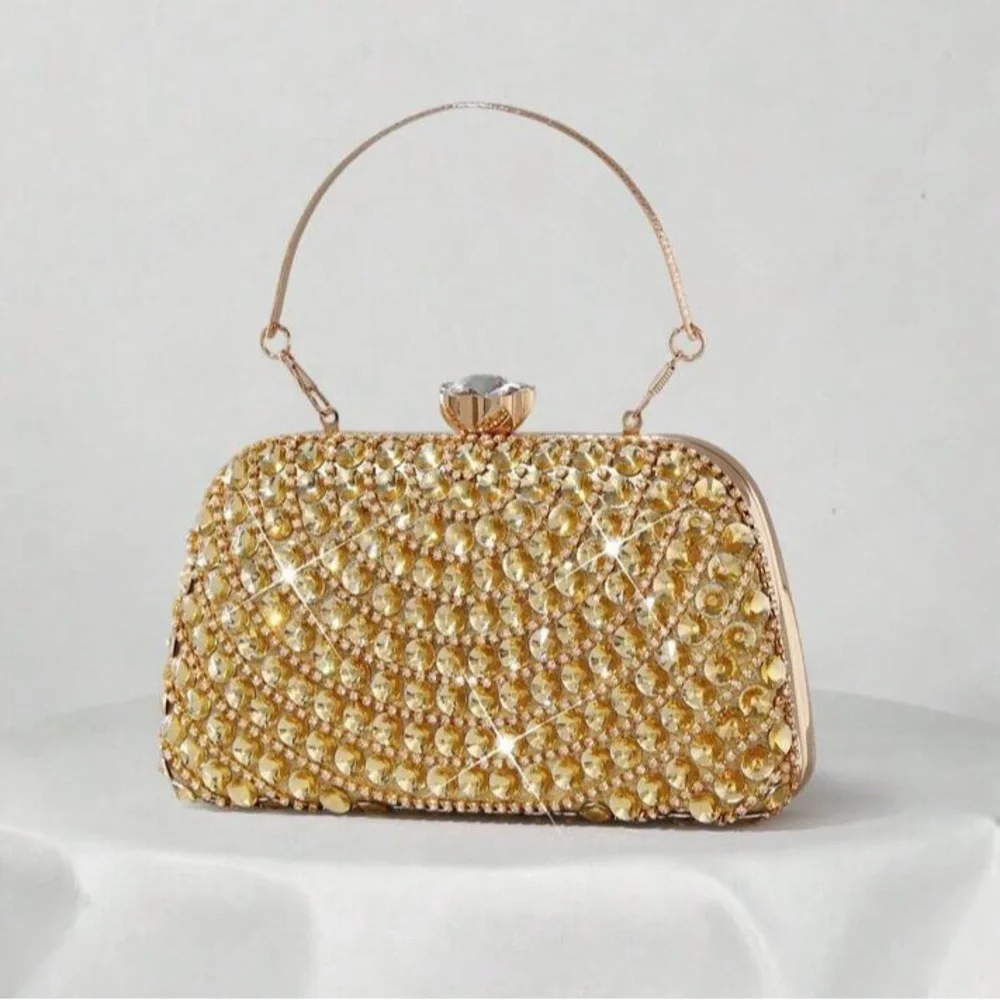 Glamorous Gold Crystal Evening Clutch with Top Handle